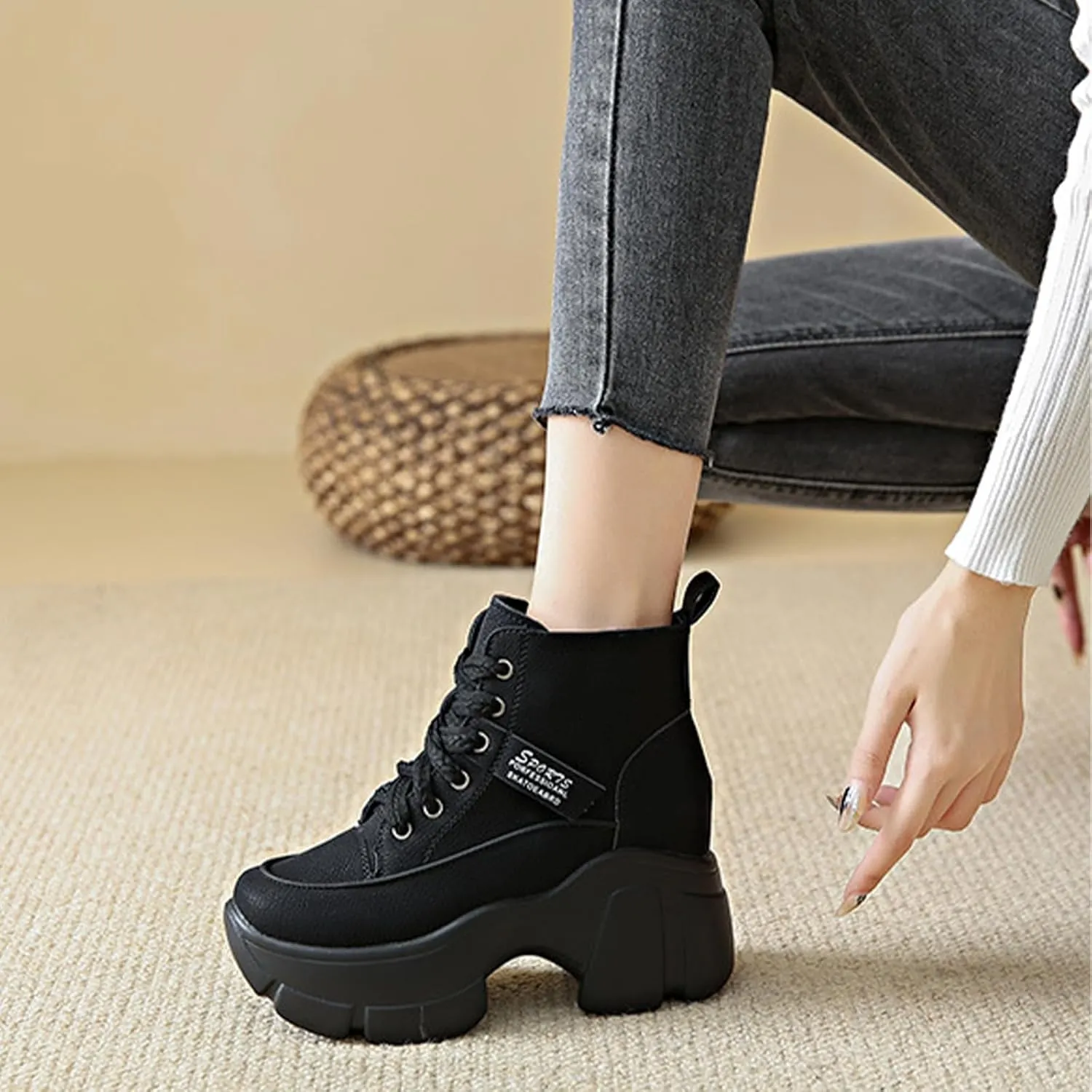 Women's Platform Chunky Lace Up High Top Sneakers Fashion Height Increased Round Toe Leather Casual Dad Shoes Wedge Heel Non-Slip Comfortable Walking Sport Shoes