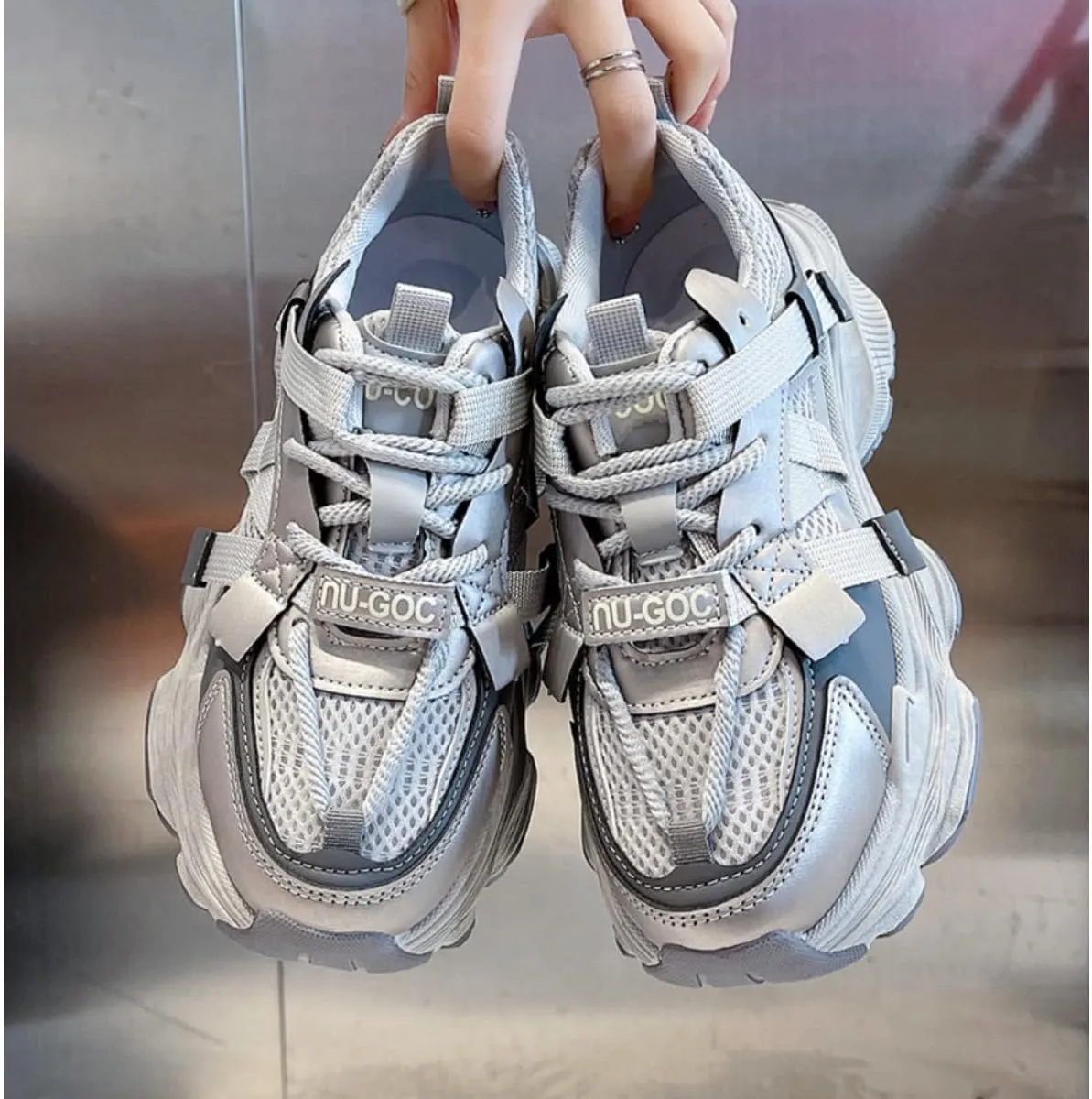 Women's Platform Dad Sneakers - Chunky Fashion Athletic Shoes with 2.4" Height Increase, Mesh Breathable Casual Walking Shoes (White, Gray, Purple)