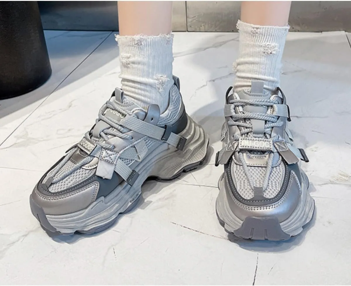 Women's Platform Dad Sneakers - Chunky Fashion Athletic Shoes with 2.4" Height Increase, Mesh Breathable Casual Walking Shoes (White, Gray, Purple)