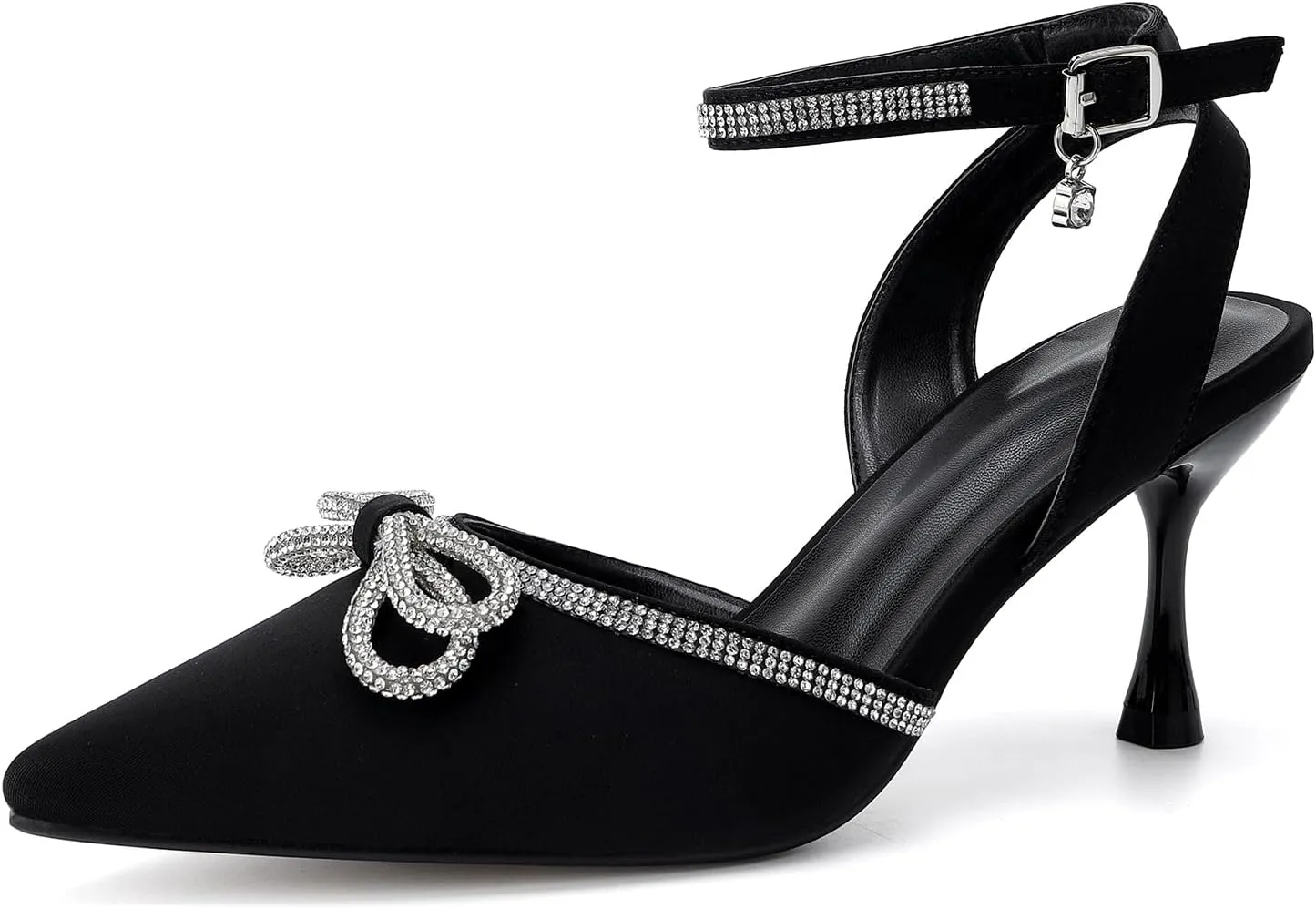 Women's Rhinestone Bow High Heels Wedding Dress Shoes Pointed Toe Ankle Strap Fine Heeled Stilettos