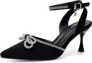 Women's Rhinestone Bow High Heels Wedding Dress Shoes Pointed Toe Ankle Strap Fine Heeled Stilettos