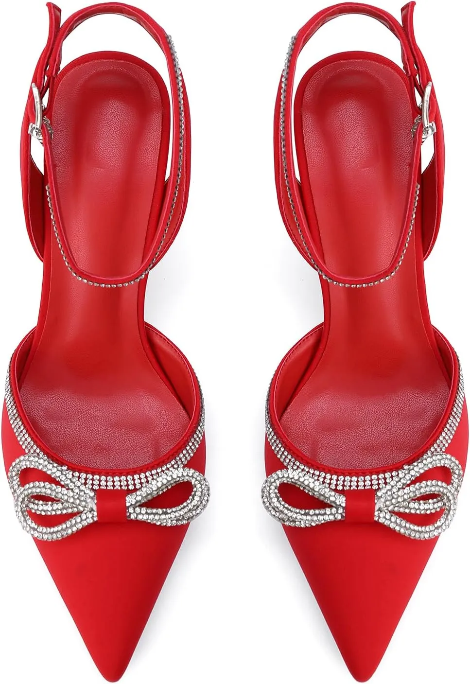 Women's Rhinestone Bow High Heels Wedding Dress Shoes Pointed Toe Ankle Strap Fine Heeled Stilettos