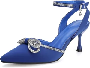 Women's Rhinestone Bow High Heels Wedding Dress Shoes Pointed Toe Ankle Strap Fine Heeled Stilettos