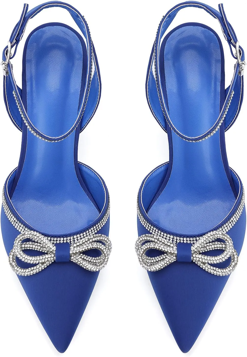 Women's Rhinestone Bow High Heels Wedding Dress Shoes Pointed Toe Ankle Strap Fine Heeled Stilettos