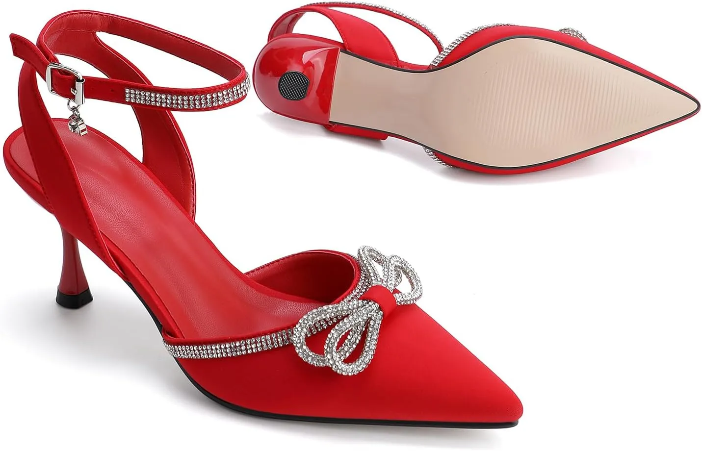 Women's Rhinestone Bow High Heels Wedding Dress Shoes Pointed Toe Ankle Strap Fine Heeled Stilettos