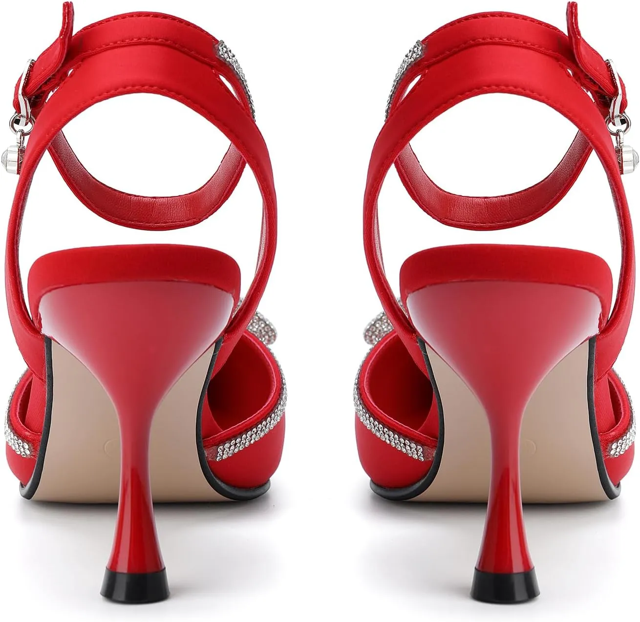 Women's Rhinestone Bow High Heels Wedding Dress Shoes Pointed Toe Ankle Strap Fine Heeled Stilettos