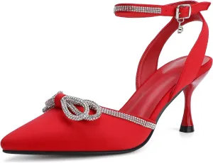 Women's Rhinestone Bow High Heels Wedding Dress Shoes Pointed Toe Ankle Strap Fine Heeled Stilettos