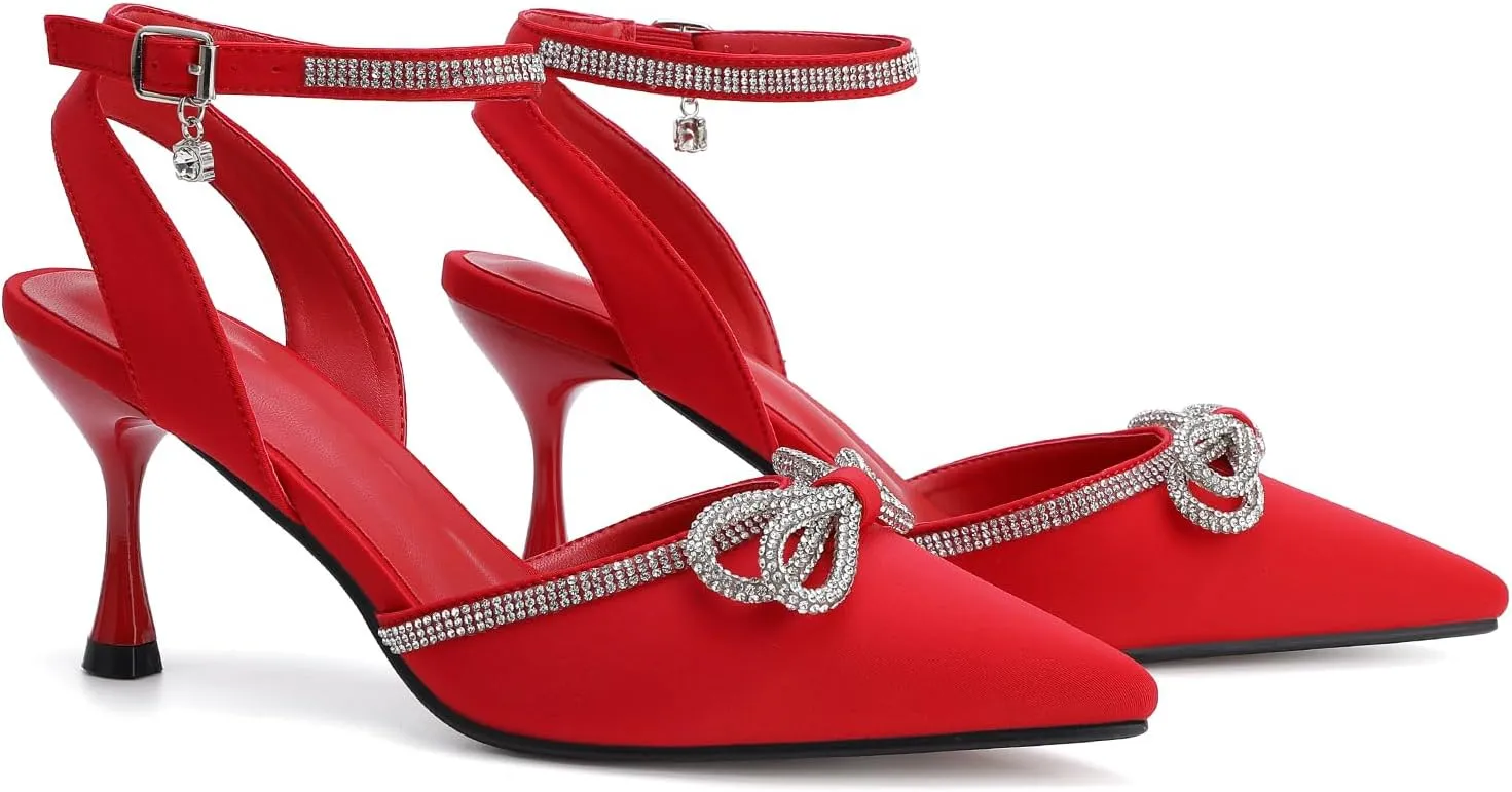 Women's Rhinestone Bow High Heels Wedding Dress Shoes Pointed Toe Ankle Strap Fine Heeled Stilettos