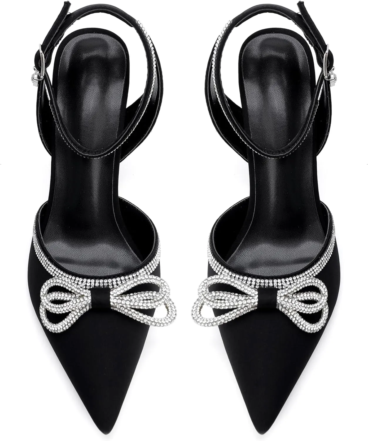 Women's Rhinestone Bow High Heels Wedding Dress Shoes Pointed Toe Ankle Strap Fine Heeled Stilettos