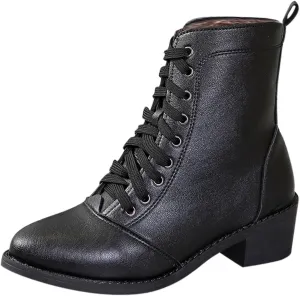 Women's Round Toe Ankle Boots Lace up Fashion Low Heel Combat Boots Leather Side Zip-up Ankle Booties for Ladies