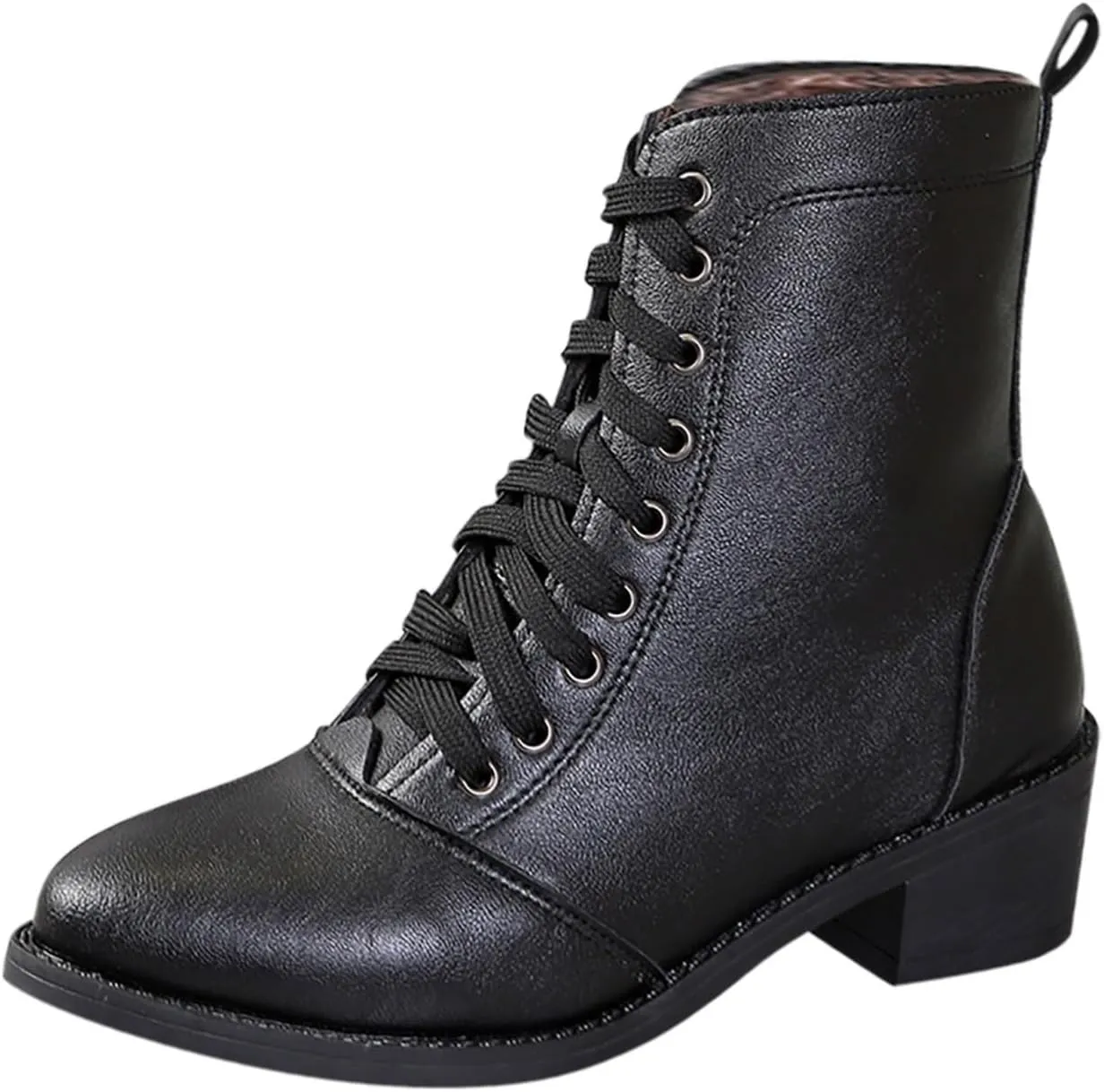 Women's Round Toe Ankle Boots Lace up Fashion Low Heel Combat Boots Leather Side Zip-up Ankle Booties for Ladies