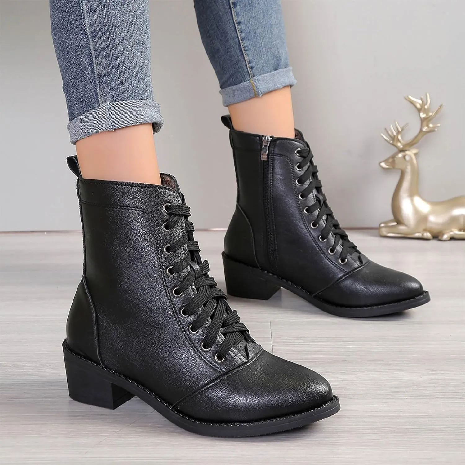Women's Round Toe Ankle Boots Lace up Fashion Low Heel Combat Boots Leather Side Zip-up Ankle Booties for Ladies