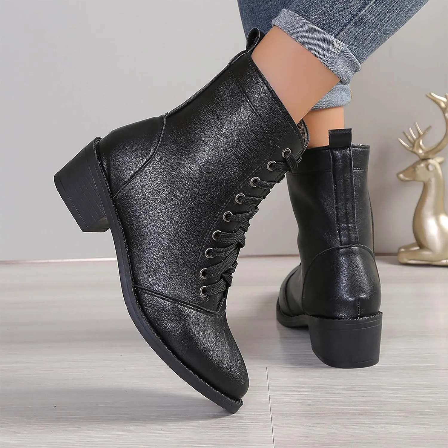 Women's Round Toe Ankle Boots Lace up Fashion Low Heel Combat Boots Leather Side Zip-up Ankle Booties for Ladies