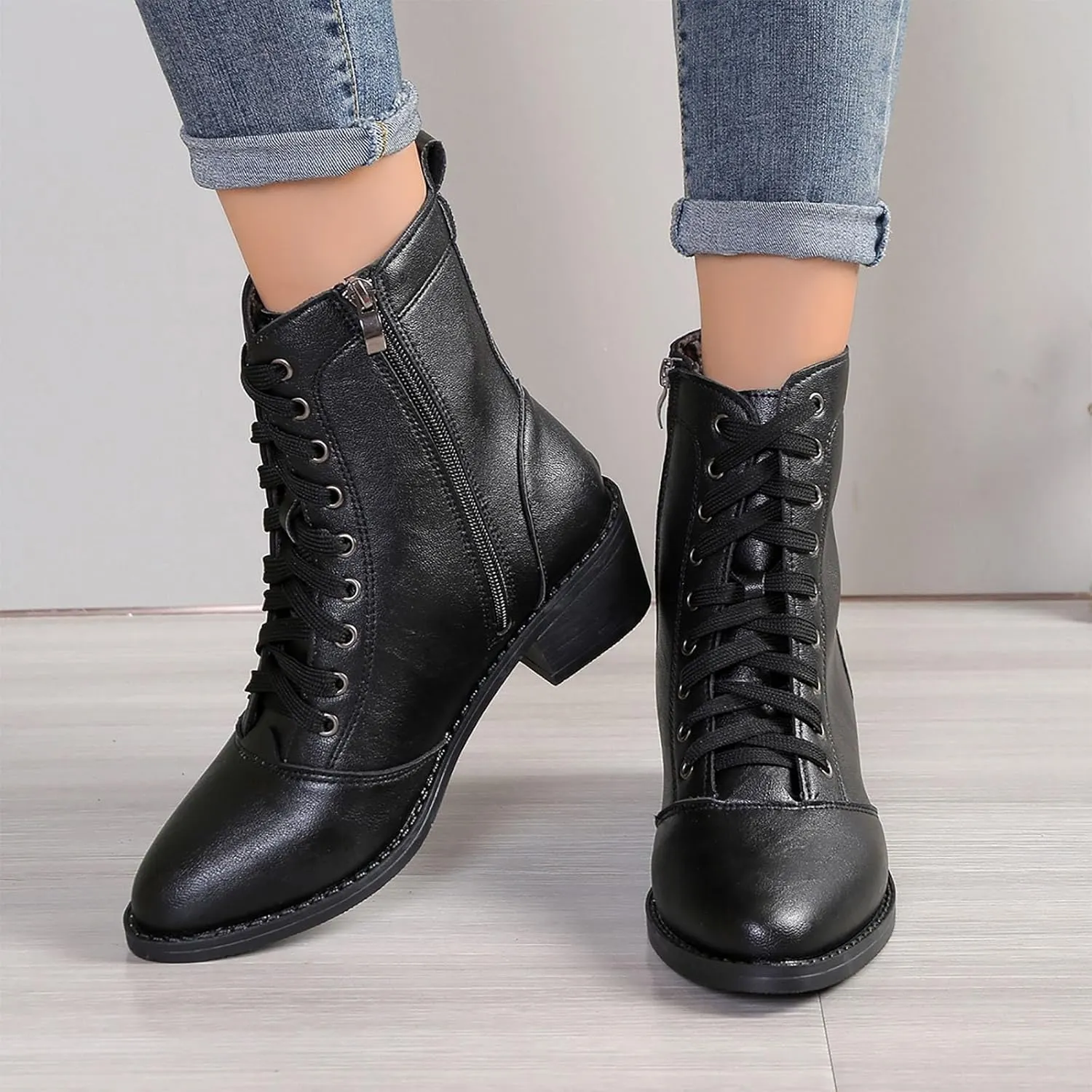 Women's Round Toe Ankle Boots Lace up Fashion Low Heel Combat Boots Leather Side Zip-up Ankle Booties for Ladies