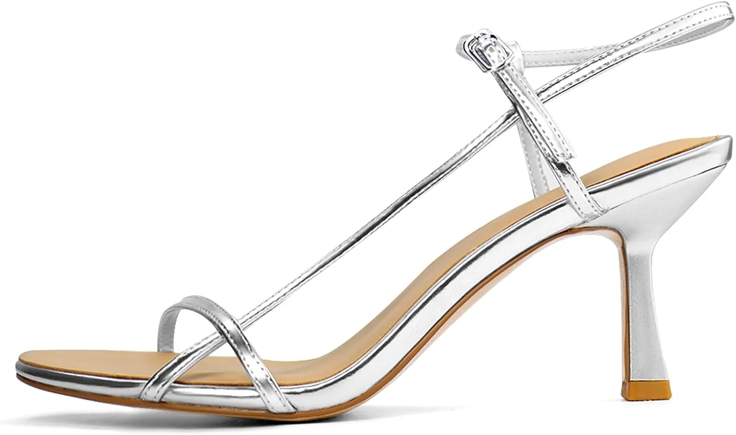 Womens Sandals Kitten Heels Open Round Toe Thin Ankle Strap Adjustable Buckle Slingback Stiletto Heels Dressy Wedding Shoes