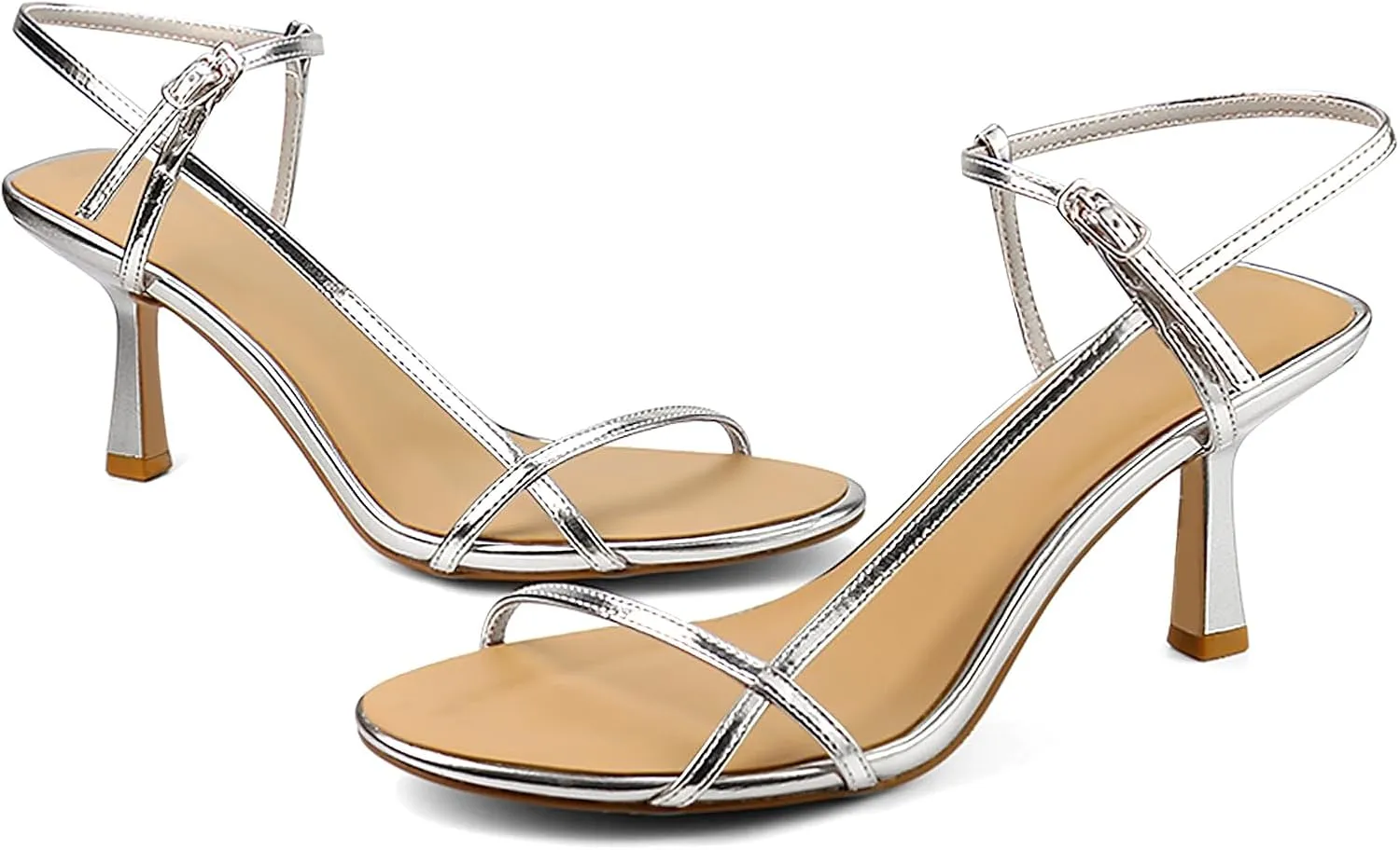 Womens Sandals Kitten Heels Open Round Toe Thin Ankle Strap Adjustable Buckle Slingback Stiletto Heels Dressy Wedding Shoes