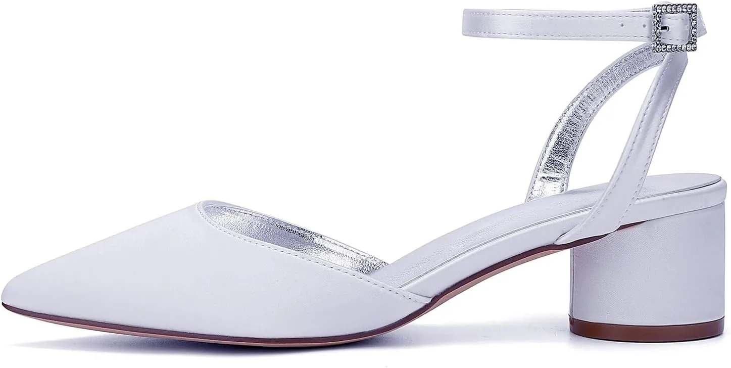 Women's Satin Bridal Shoes Ankle Buckle Strap Wedding Pump 4.5CM Slingback Sandals Evening Formal Casual Comfort Block Heel Low