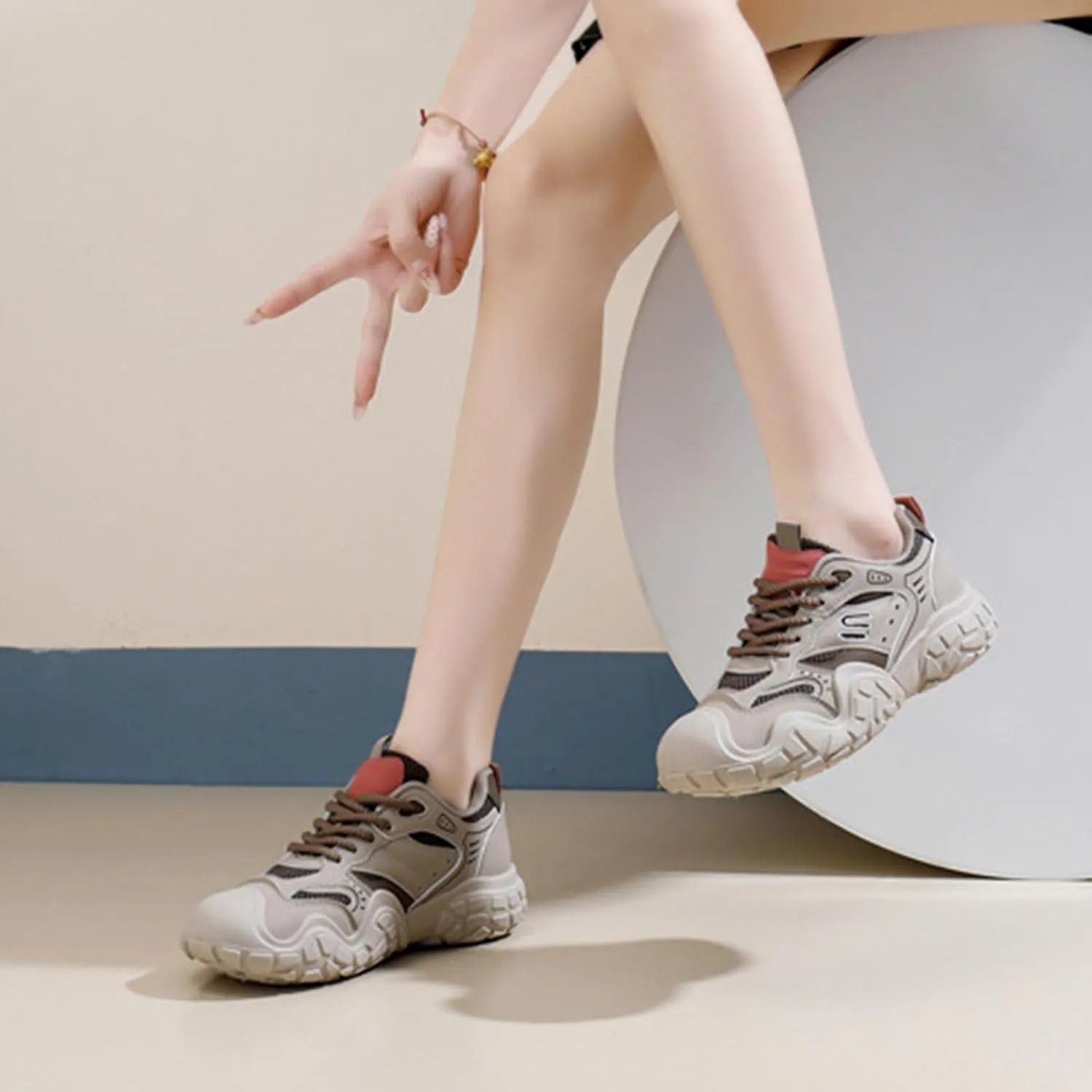 Women's Trendy Lace-Up Sneakers: Lightweight Dad Shoes with Platform Trainers for Autumn/Spring Comfort and Fashion - Low-Top, Breathable Casual Wear,Khaki-39