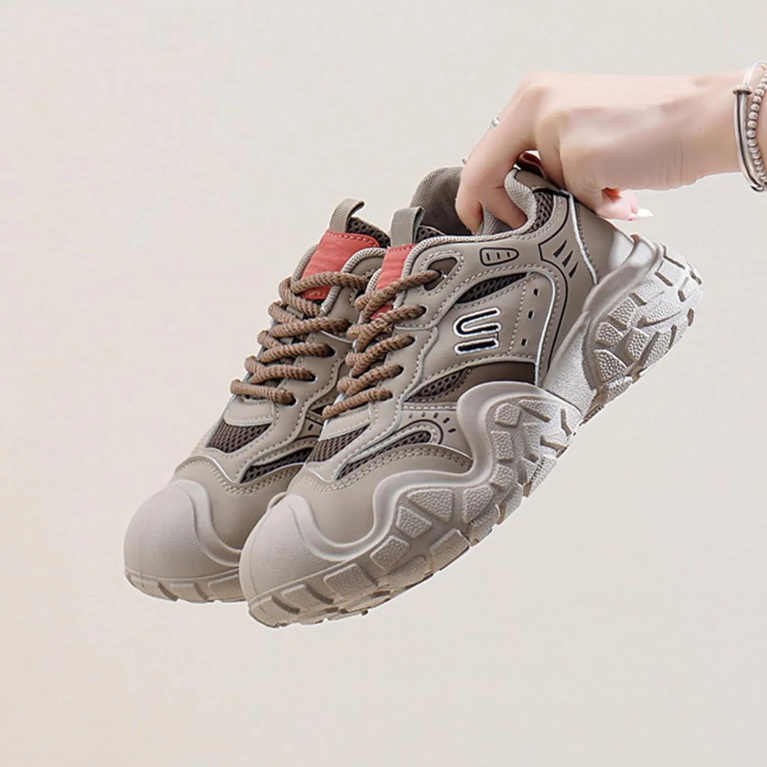 Women's Trendy Lace-Up Sneakers: Lightweight Dad Shoes with Platform Trainers for Autumn/Spring Comfort and Fashion - Low-Top, Breathable Casual Wear,Khaki-39