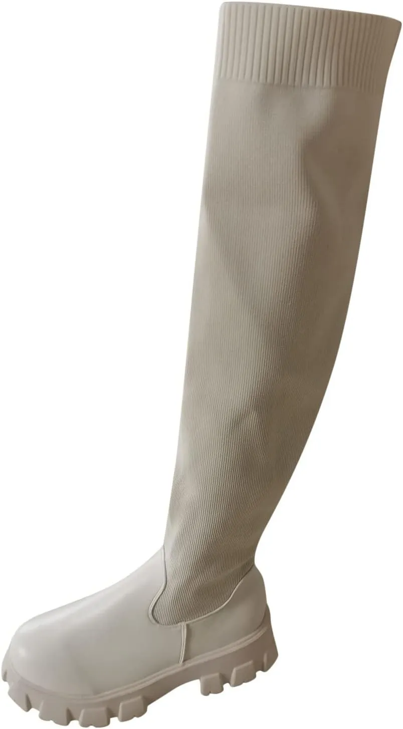 Womenyiaor Women's Thigh High Boots, Platform Over The Knee Boots Chunky Heel Long Stretch Knee High Boots Comfortable Round Toe Fashion Suede Winter Boots