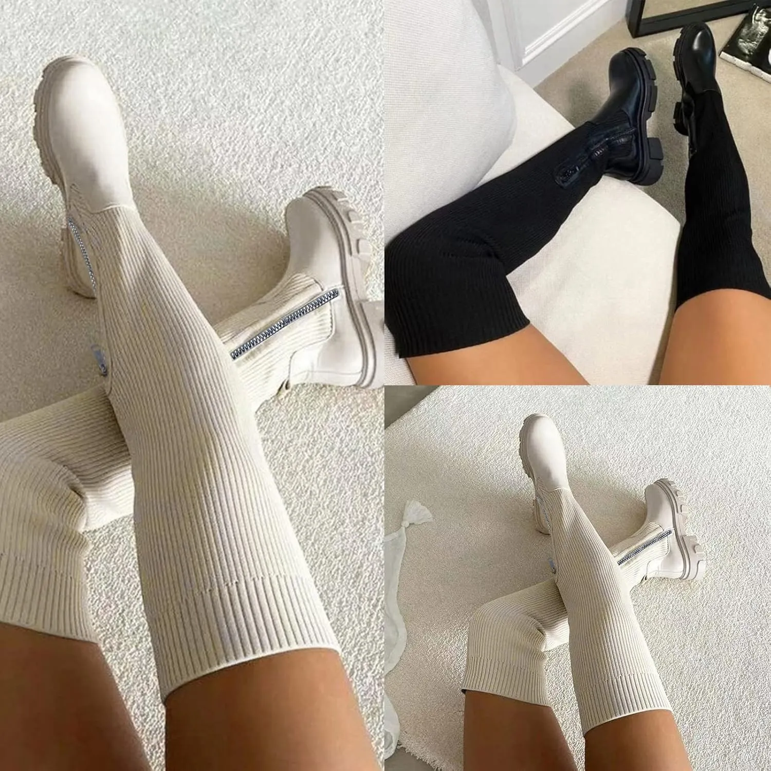 Womenyiaor Women's Thigh High Boots, Platform Over The Knee Boots Chunky Heel Long Stretch Knee High Boots Comfortable Round Toe Fashion Suede Winter Boots