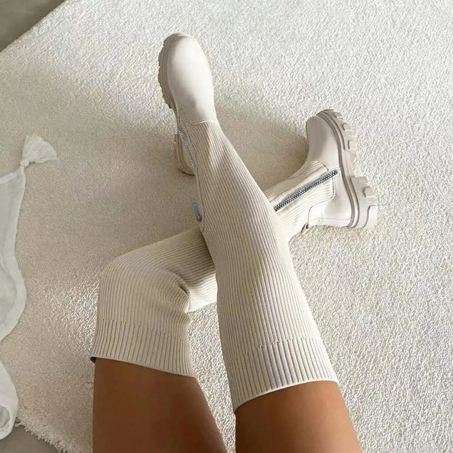 Womenyiaor Women's Thigh High Boots, Platform Over The Knee Boots Chunky Heel Long Stretch Knee High Boots Comfortable Round Toe Fashion Suede Winter Boots