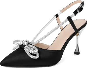 Zamikoo Rhinestone Bow Heels for Women Slingback Pointed Toe High Heels 3.5 Inches