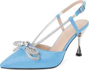 Zamikoo Rhinestone Bow Heels for Women Slingback Pointed Toe High Heels 3.5 Inches
