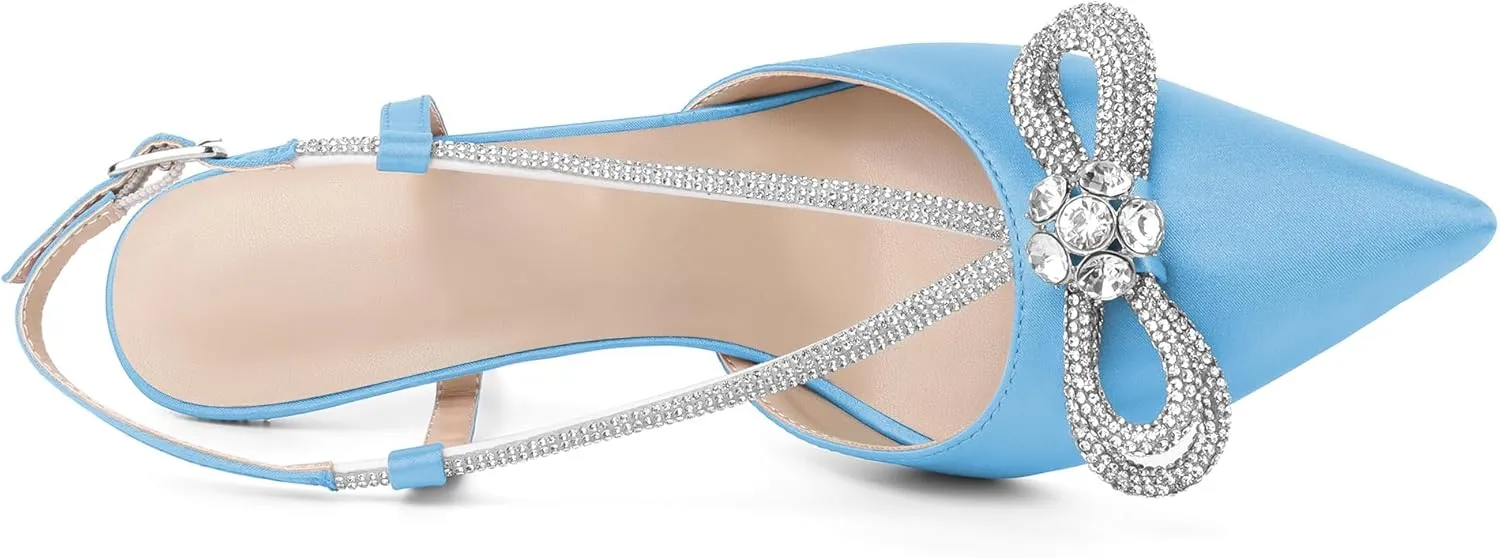 Zamikoo Rhinestone Bow Heels for Women Slingback Pointed Toe High Heels 3.5 Inches