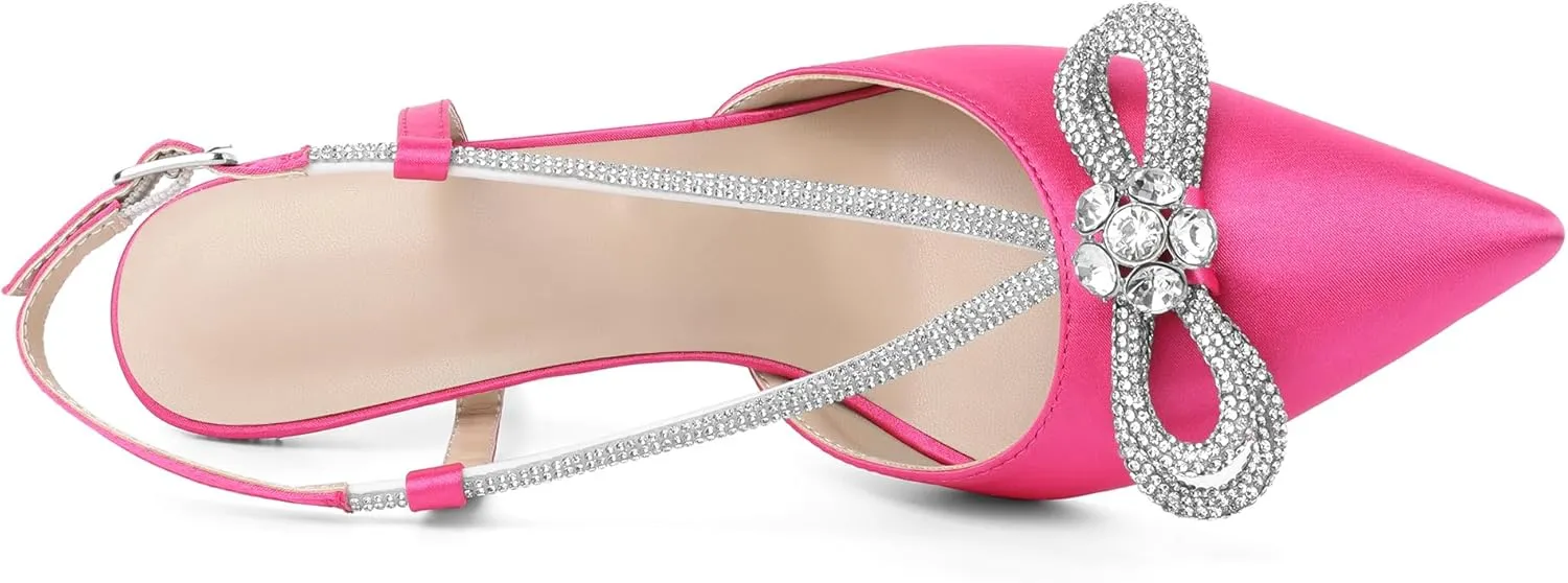 Zamikoo Rhinestone Bow Heels for Women Slingback Pointed Toe High Heels 3.5 Inches