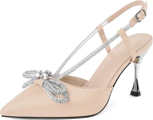 Zamikoo Rhinestone Bow Heels for Women Slingback Pointed Toe High Heels 3.5 Inches