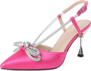 Zamikoo Rhinestone Bow Heels for Women Slingback Pointed Toe High Heels 3.5 Inches