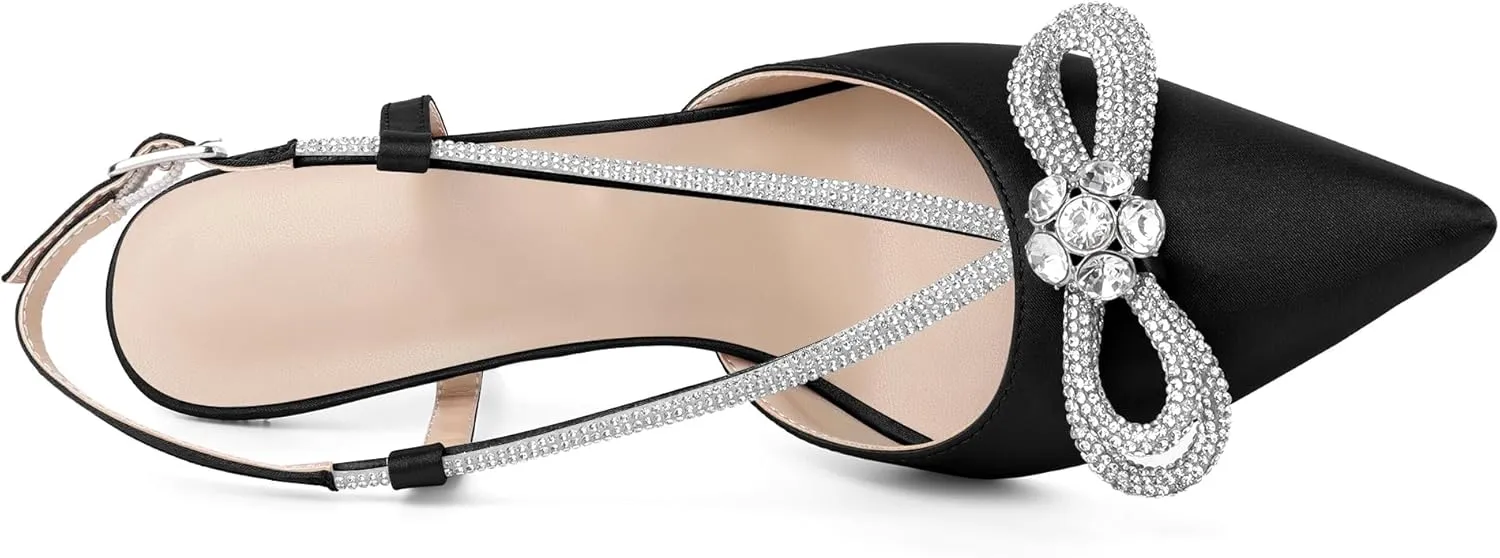 Zamikoo Rhinestone Bow Heels for Women Slingback Pointed Toe High Heels 3.5 Inches