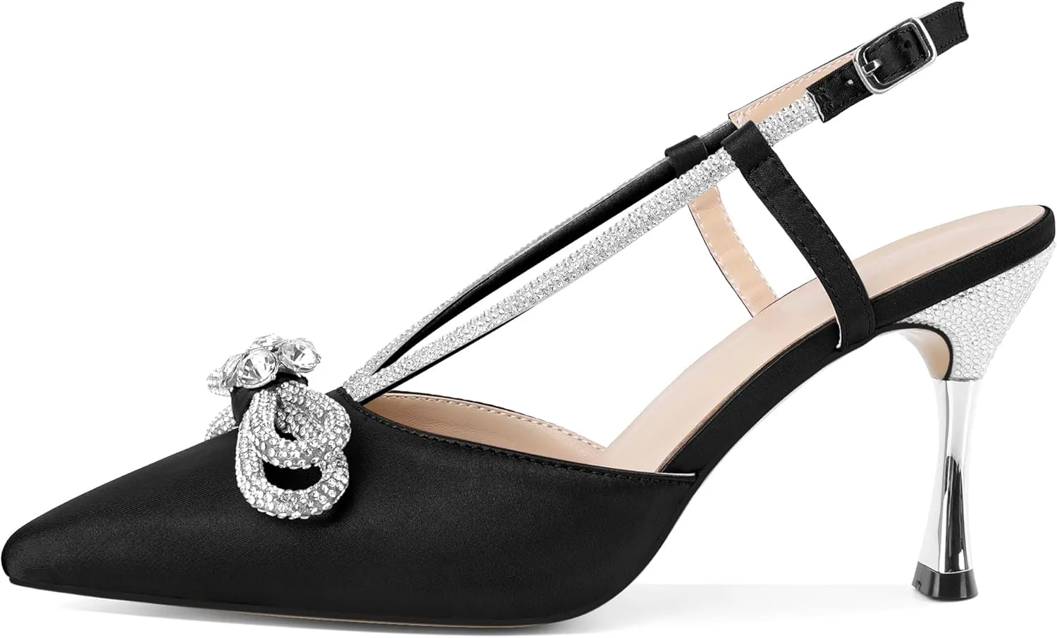 Zamikoo Rhinestone Bow Heels for Women Slingback Pointed Toe High Heels 3.5 Inches