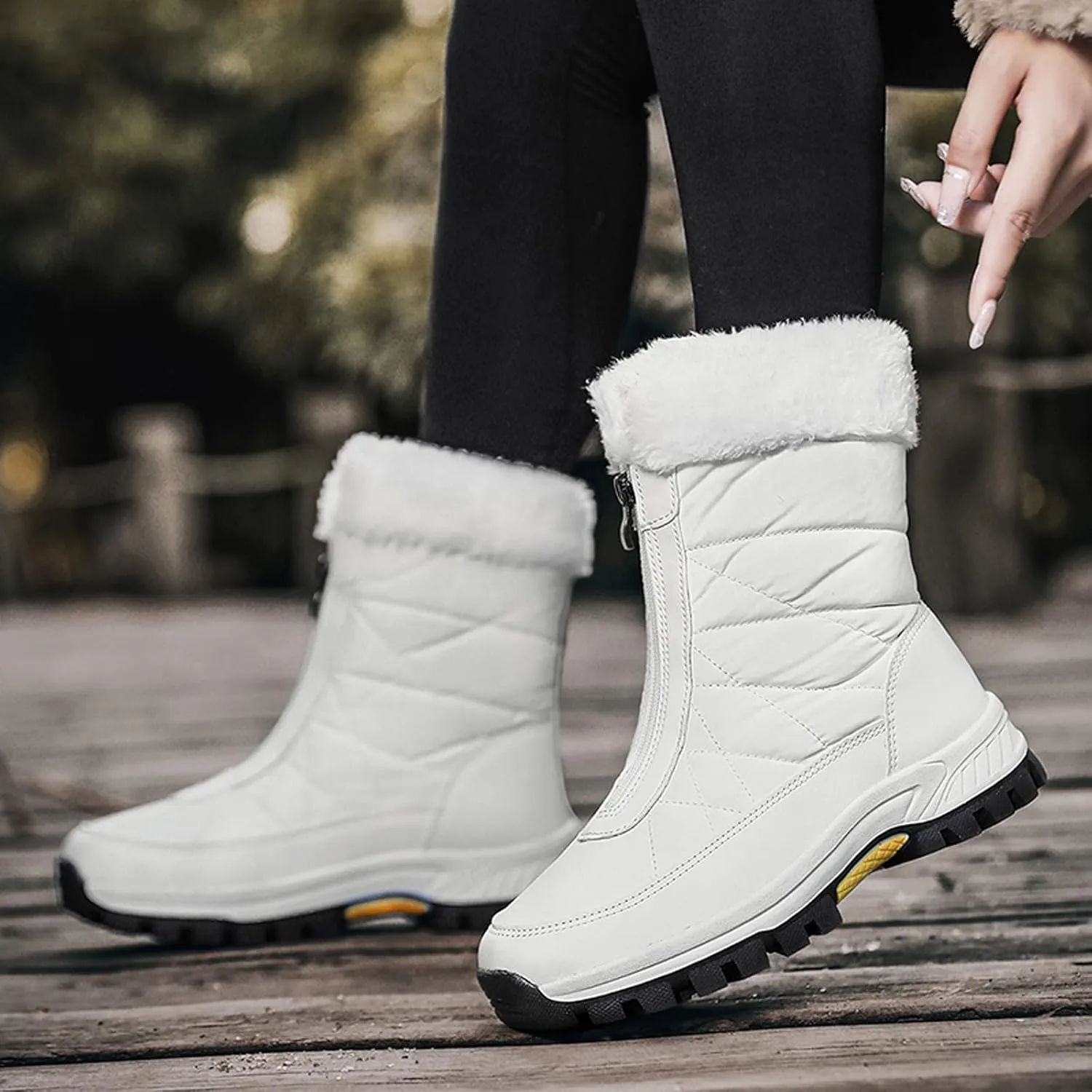 Zipper Mid Calf Snow Boots for Women Fleece Lined Warm Water Proof Boots Thick Bottom Non Slip Winter Snow Boots