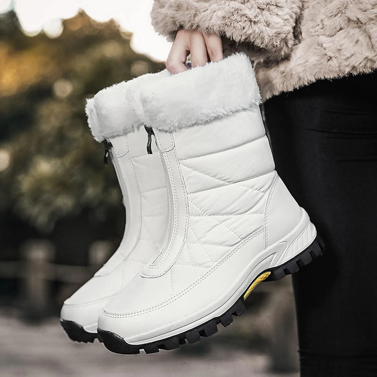 Zipper Mid Calf Snow Boots for Women Fleece Lined Warm Water Proof Boots Thick Bottom Non Slip Winter Snow Boots